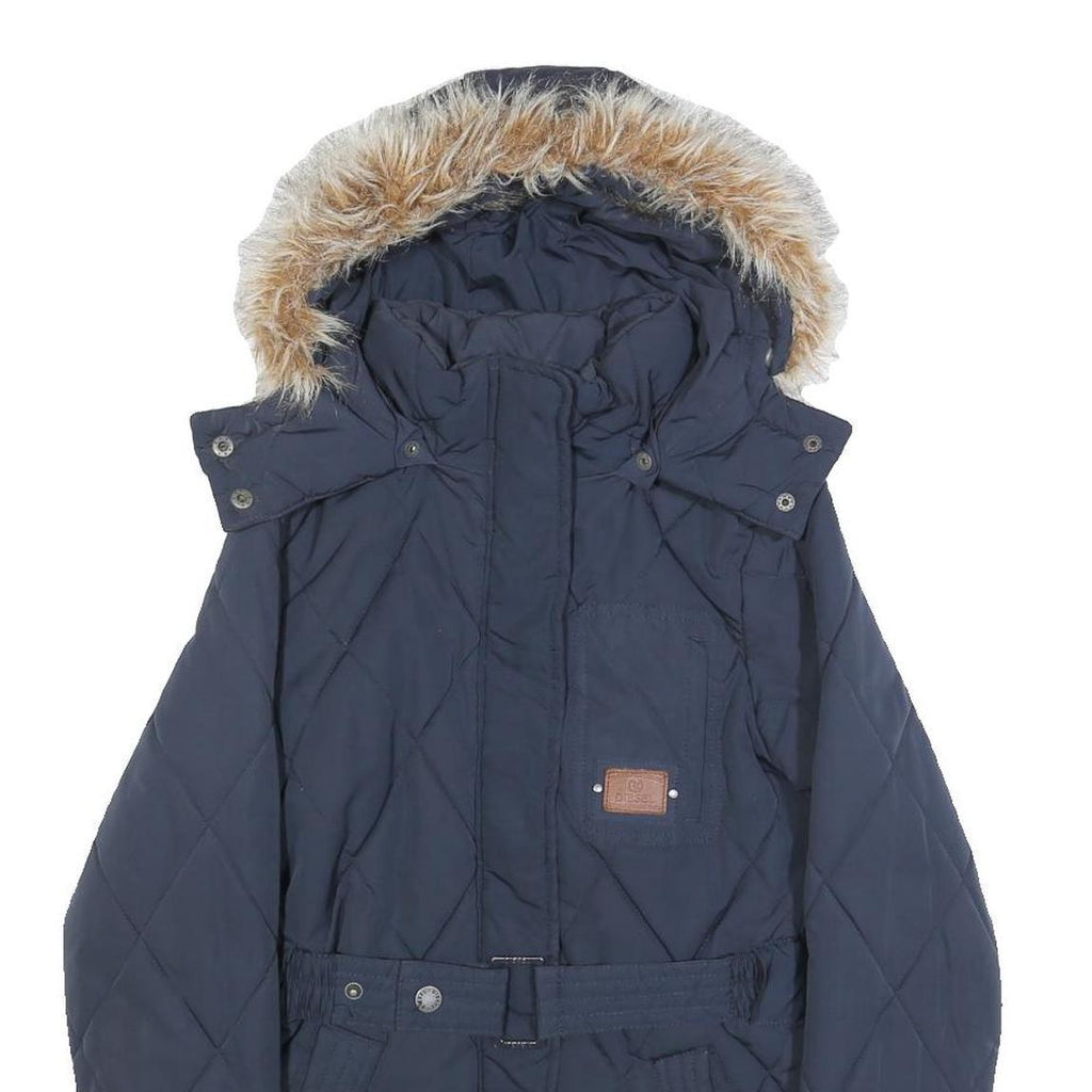 DIESEL Womens Navy Blue Quilted Jacket S Polyester Zip Hooded Warm Winter