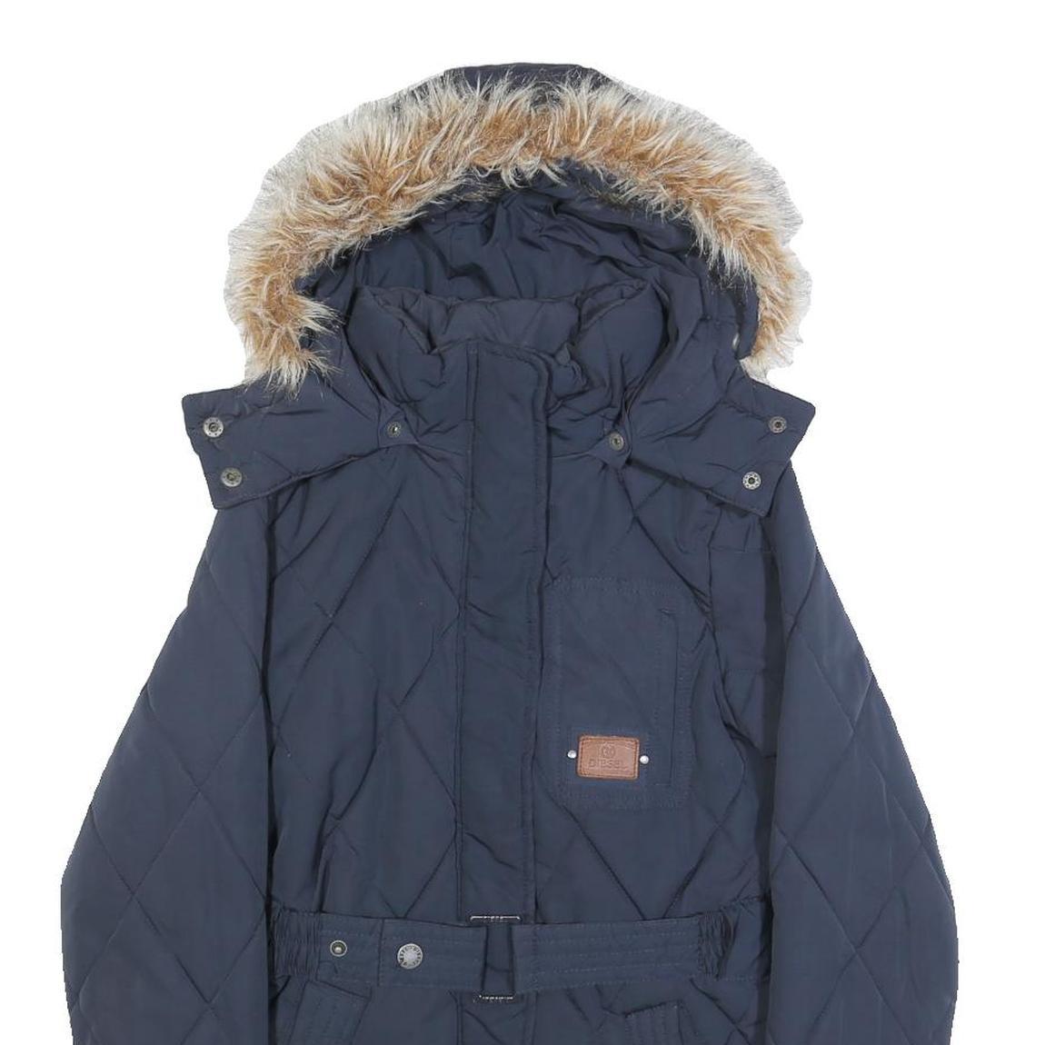 DIESEL Womens Navy Blue Quilted Jacket S Polyester Zip Hooded Warm Winter