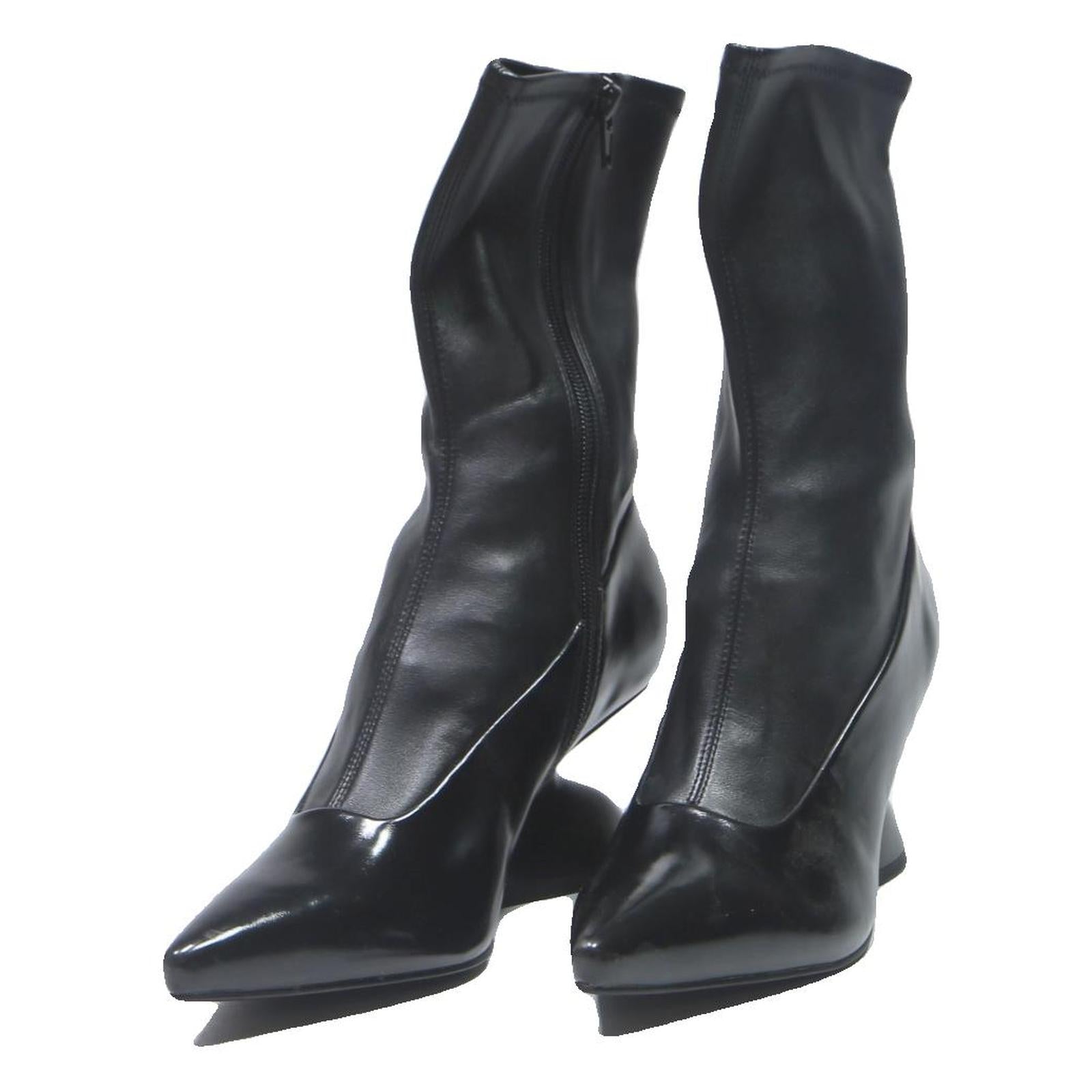 CHARLES & KEITH Womens Pointed Ankle Boots Black Leather UK 3 Stylish Heel