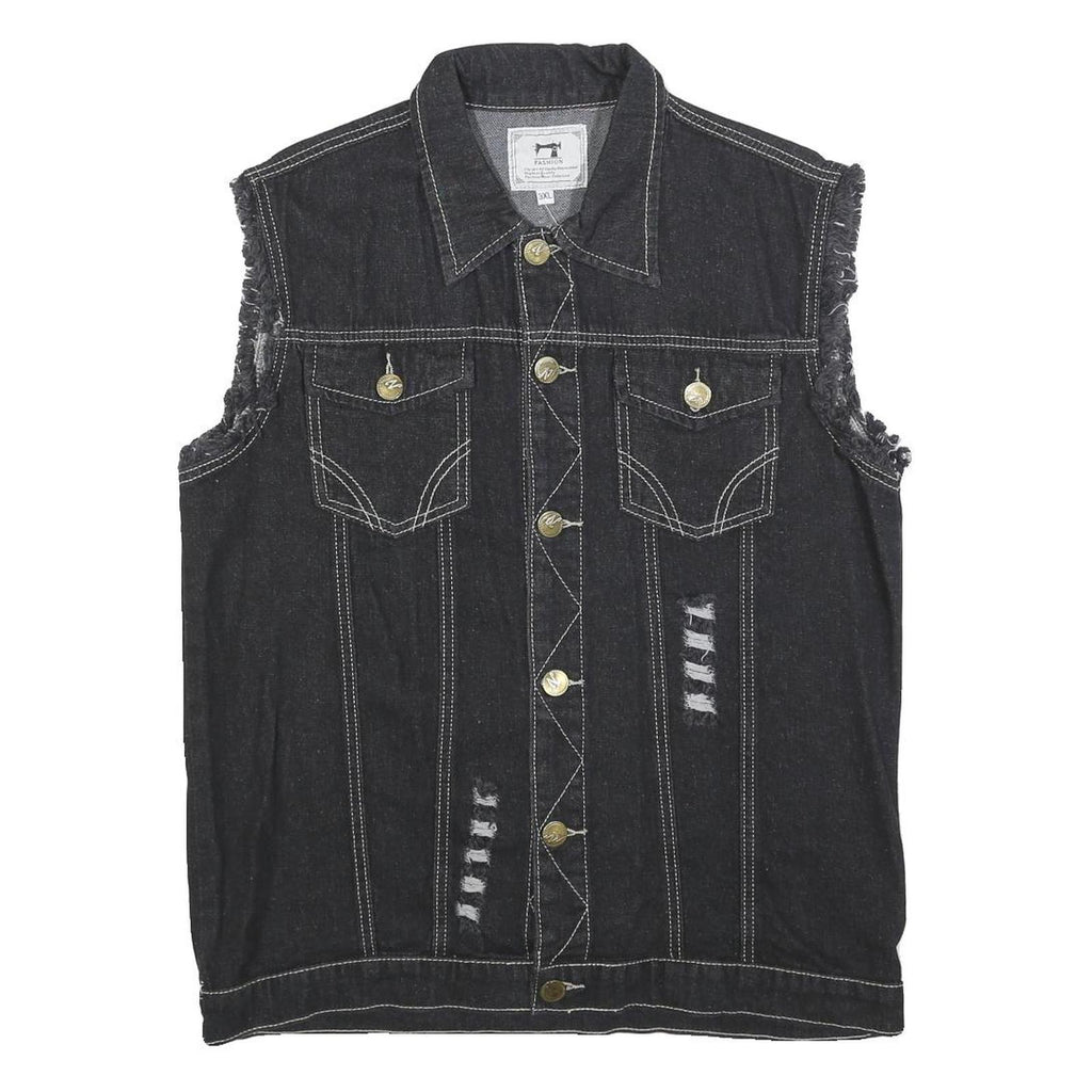 FASHION Womens Black Cotton Denim Sleeveless Jacket 3XL Distressed Biker Style