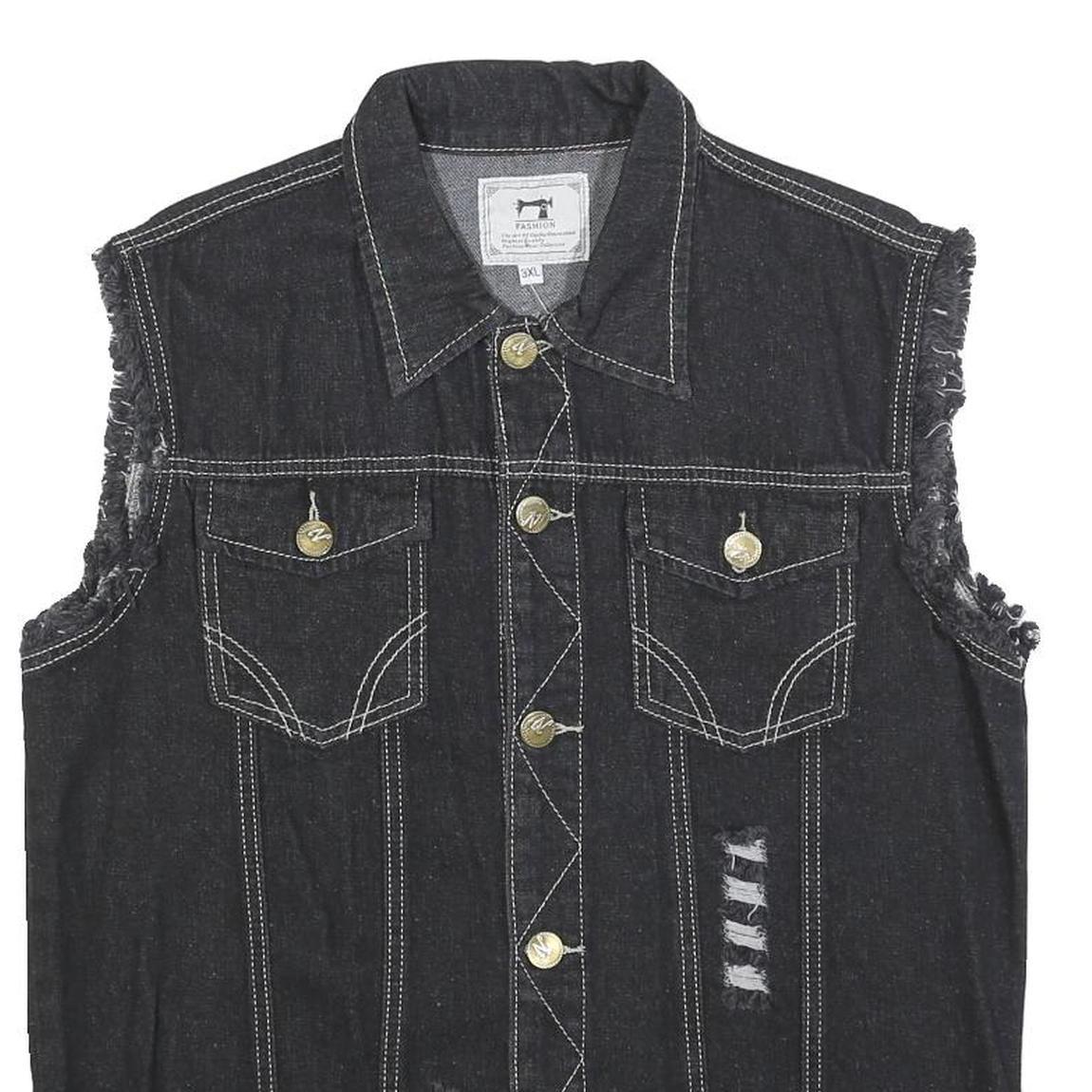 FASHION Womens Black Cotton Denim Sleeveless Jacket 3XL Distressed Biker Style