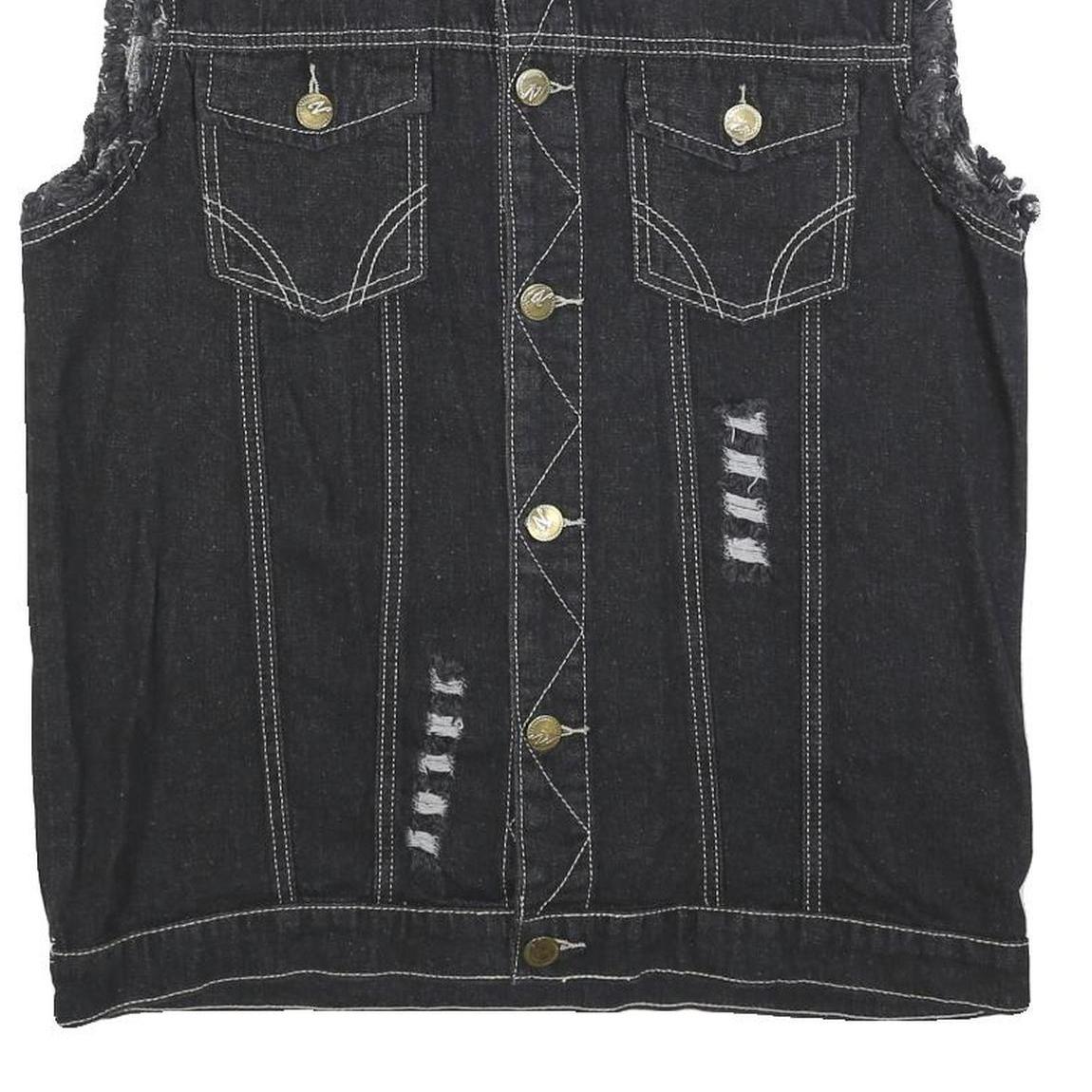 FASHION Womens Black Cotton Denim Sleeveless Jacket 3XL Distressed Biker Style