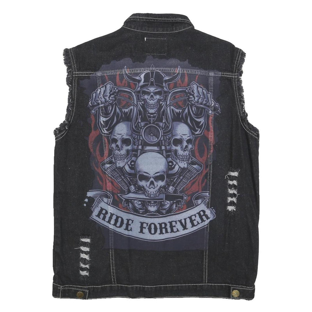 FASHION Womens Black Cotton Denim Sleeveless Jacket 3XL Distressed Biker Style