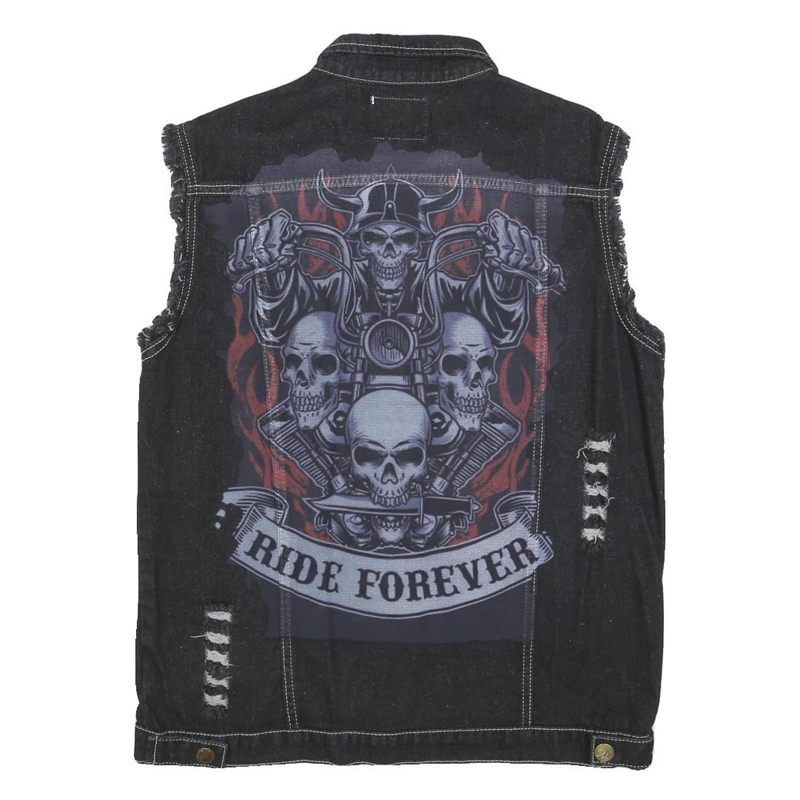 FASHION Womens Black Cotton Denim Sleeveless Jacket 3XL Distressed Biker Style