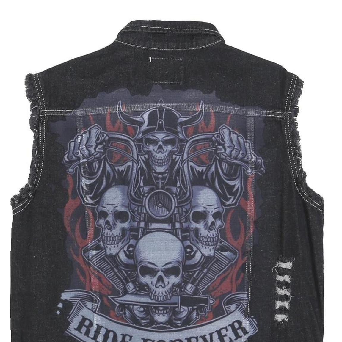 FASHION Womens Black Cotton Denim Sleeveless Jacket 3XL Distressed Biker Style