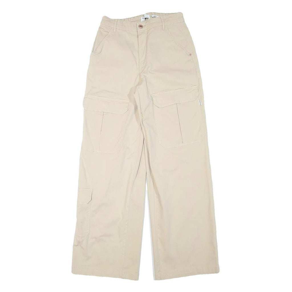 BERSHKA Womens Beige Relaxed Wide-Leg Trousers W26 L30 Casual Cotton Blend Zip