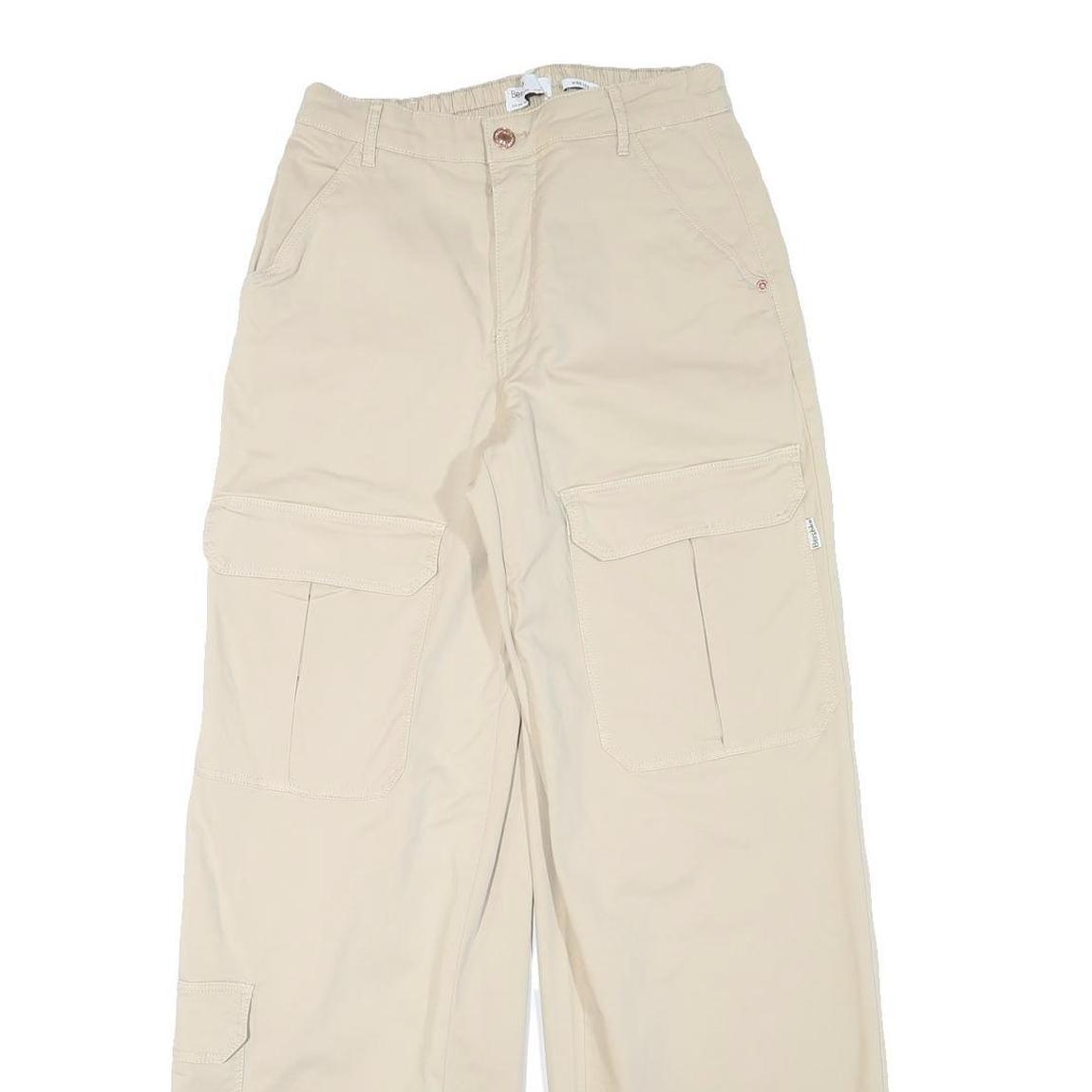 BERSHKA Womens Beige Relaxed Wide-Leg Trousers W26 L30 Casual Cotton Blend Zip