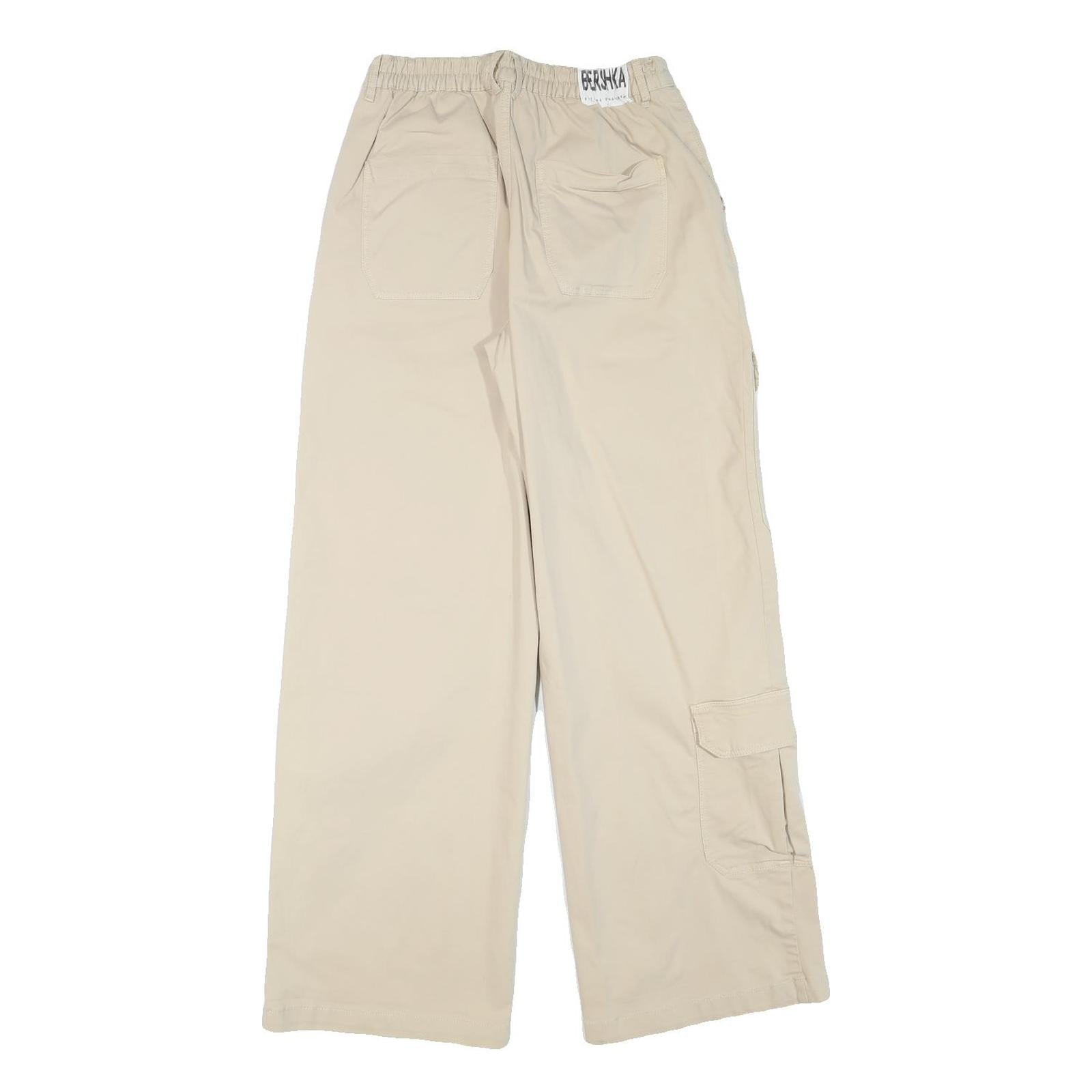 BERSHKA Womens Beige Relaxed Wide-Leg Trousers W26 L30 Casual Cotton Blend Zip