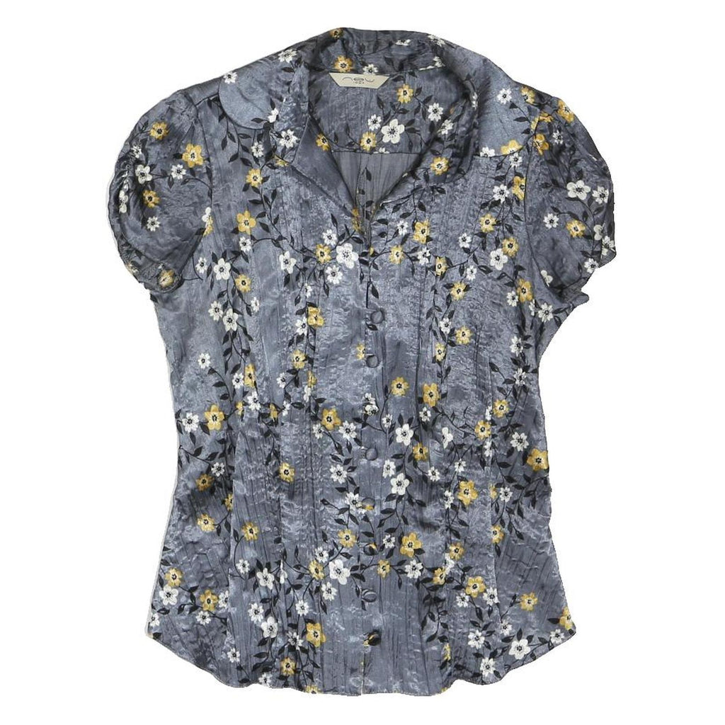 NEW LOOK Womens Grey Yellow Floral Printed Blouse Short Sleeve Collared UK 10