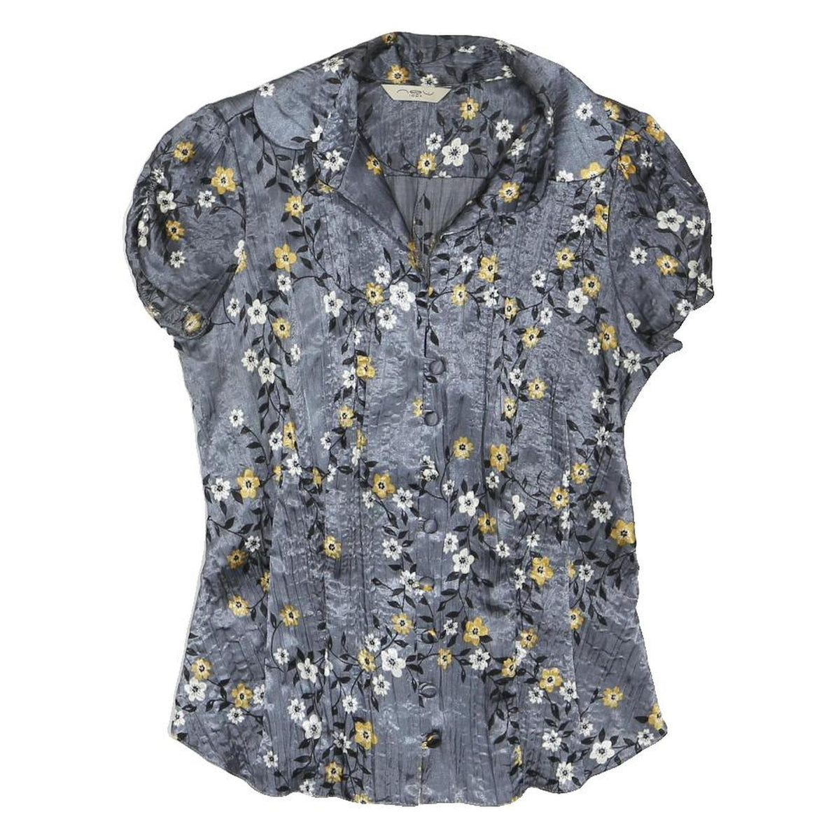 NEW LOOK Womens Grey Yellow Floral Printed Blouse Short Sleeve Collared UK 10