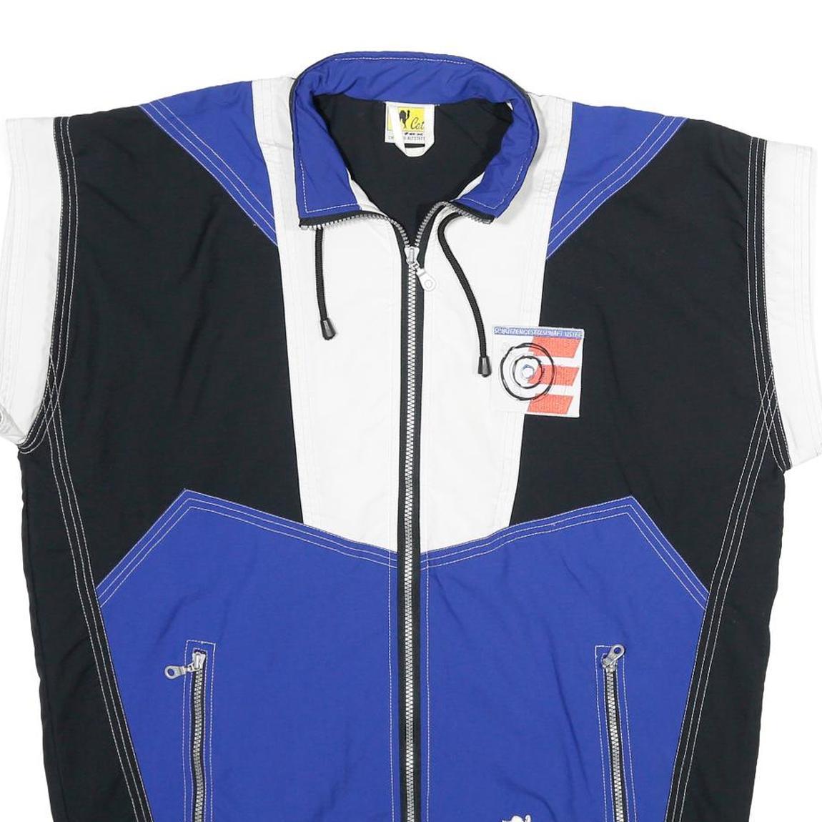 CATS Mens Blue & Black White Colourblock S Nylon Zip Sleeveless Sports Logo