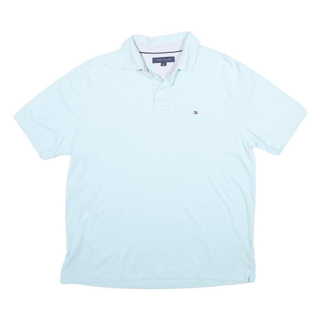 TOMMY HILFIGER Mens Light Blue Short Sleeve Plain Polo Shirt L Cotton Classic