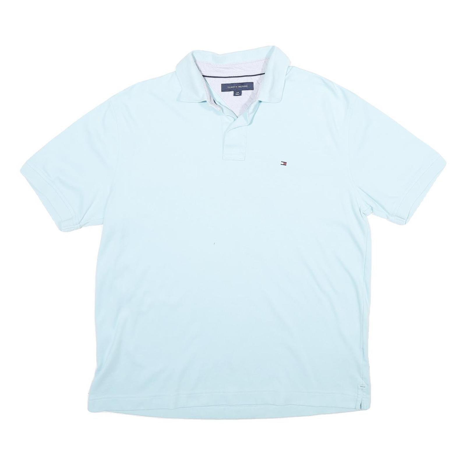 TOMMY HILFIGER Mens Light Blue Short Sleeve Plain Polo Shirt L Cotton Classic