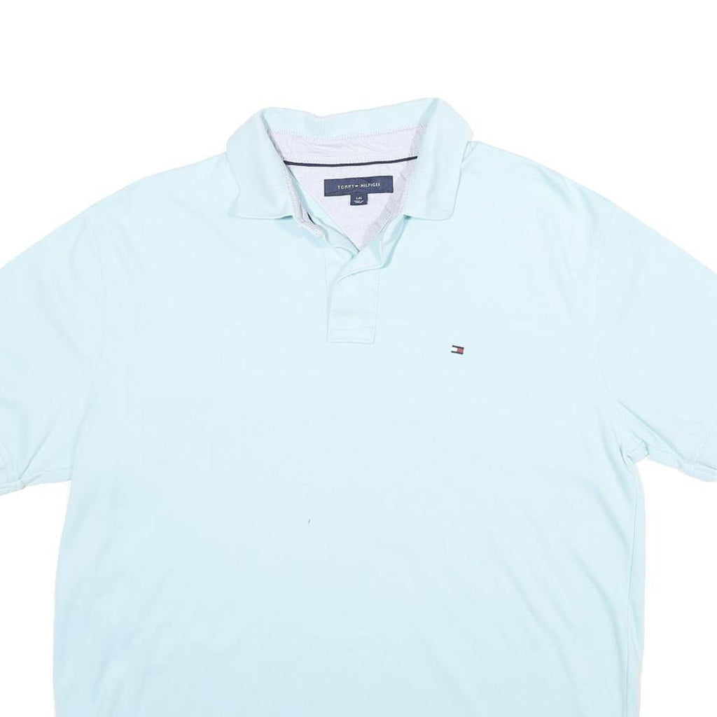 TOMMY HILFIGER Mens Light Blue Short Sleeve Plain Polo Shirt L Cotton Classic