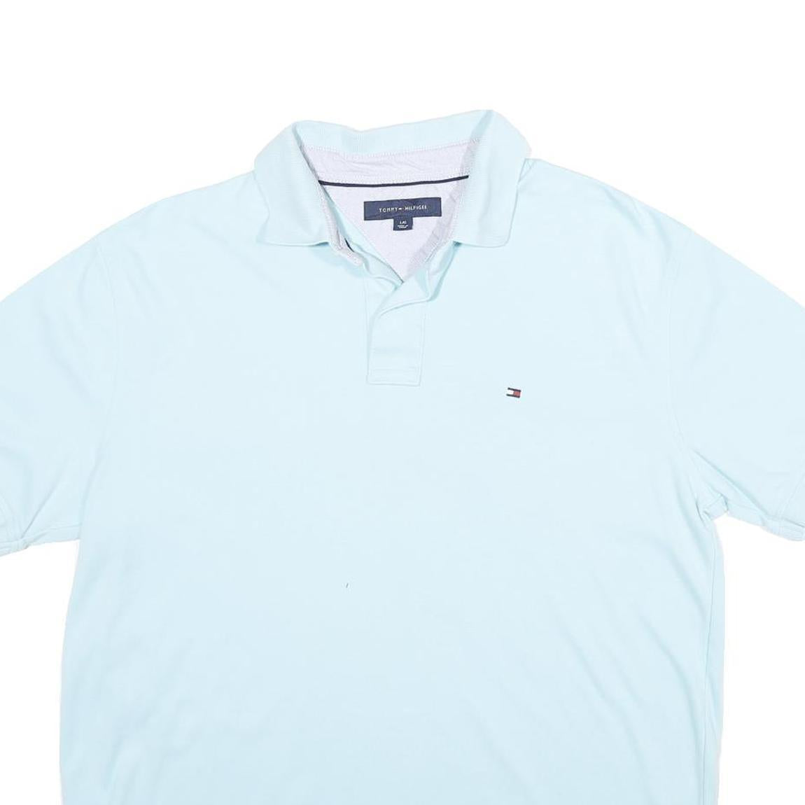 TOMMY HILFIGER Mens Light Blue Short Sleeve Plain Polo Shirt L Cotton Classic