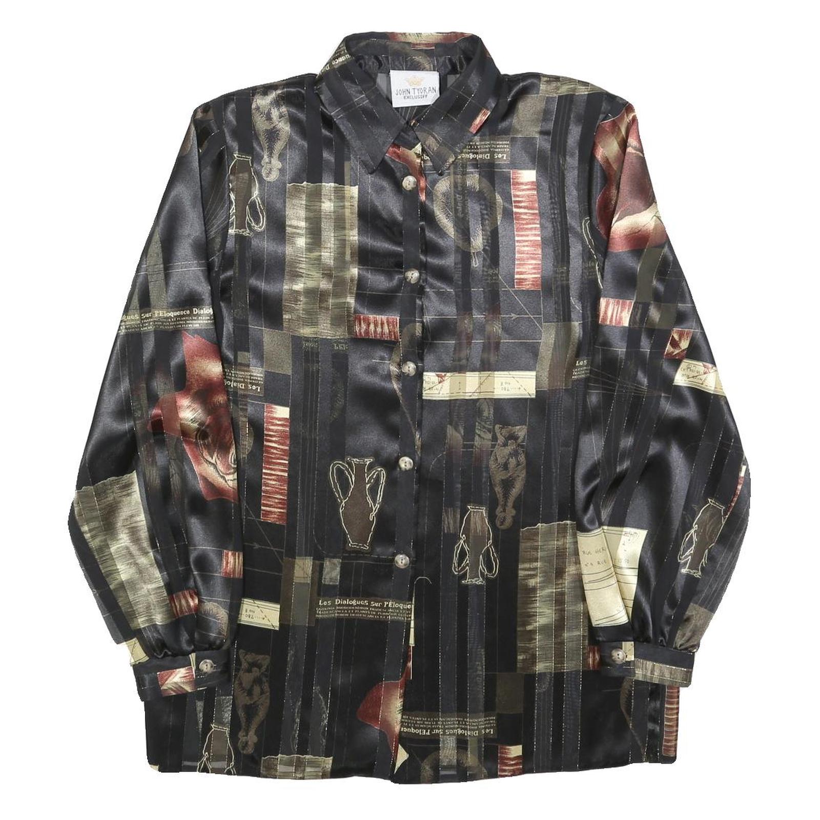 JOHN TYORAN Womens Black & Brown Patterned Shirt L Satin Lightweight Long Sleeve