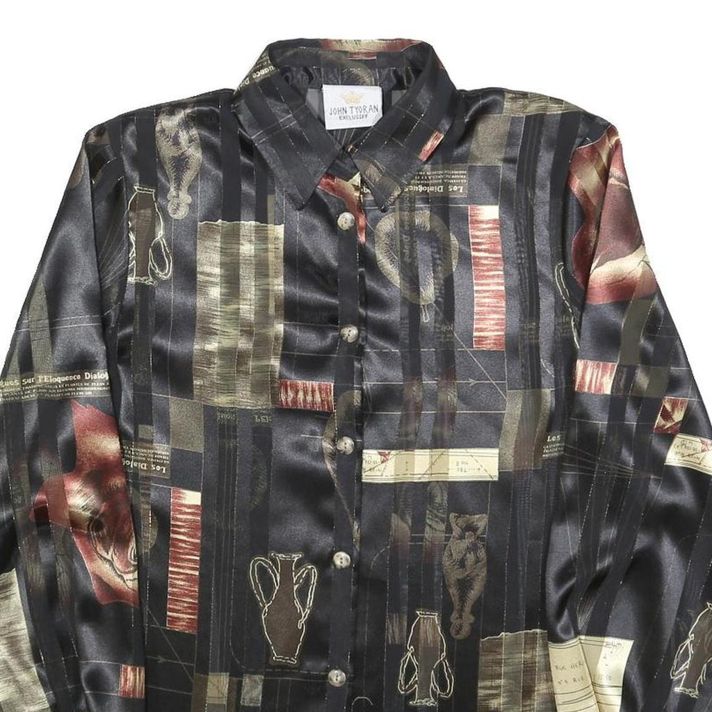 JOHN TYORAN Womens Black & Brown Patterned Shirt L Satin Lightweight Long Sleeve