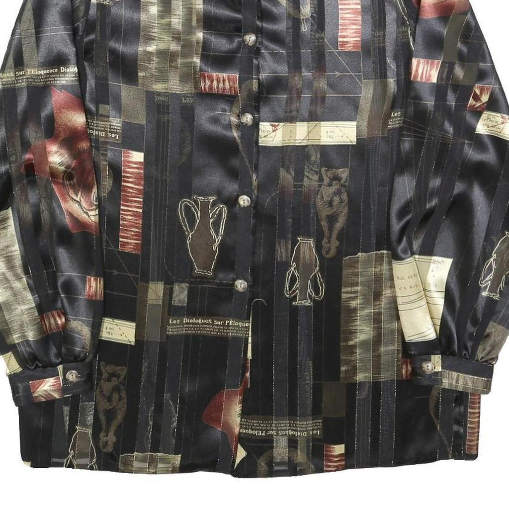 JOHN TYORAN Womens Black & Brown Patterned Shirt L Satin Lightweight Long Sleeve