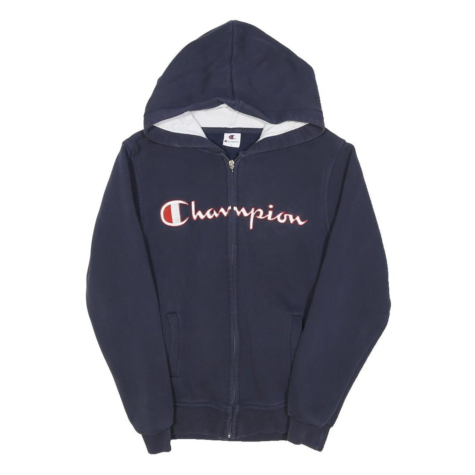 CHAMPION Boys Navy Blue Zip Hoodie L Cotton Blend Casual Sweatshirt