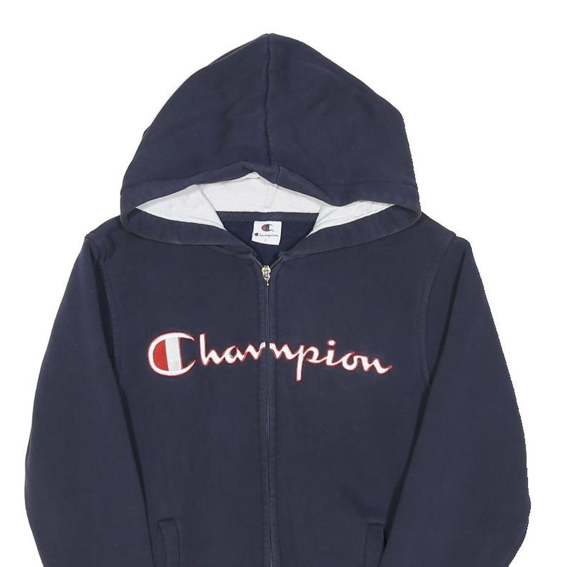 CHAMPION Boys Navy Blue Zip Hoodie L Cotton Blend Casual Sweatshirt