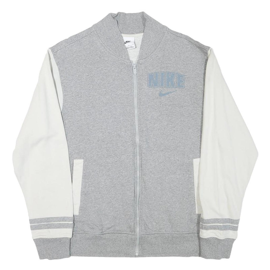 NIKE Mens Grey & White Varsity Jacket M Cotton Blend Zip Plain Athletic Casual