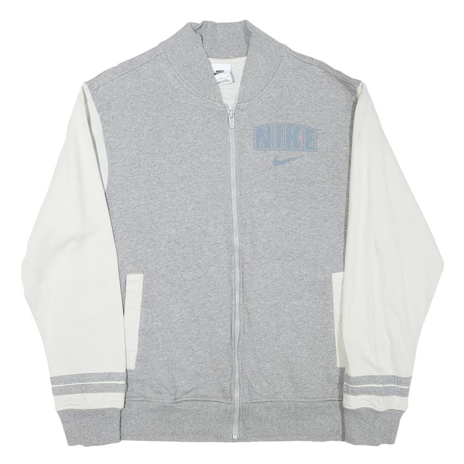 NIKE Mens Grey & White Varsity Jacket M Cotton Blend Zip Plain Athletic Casual