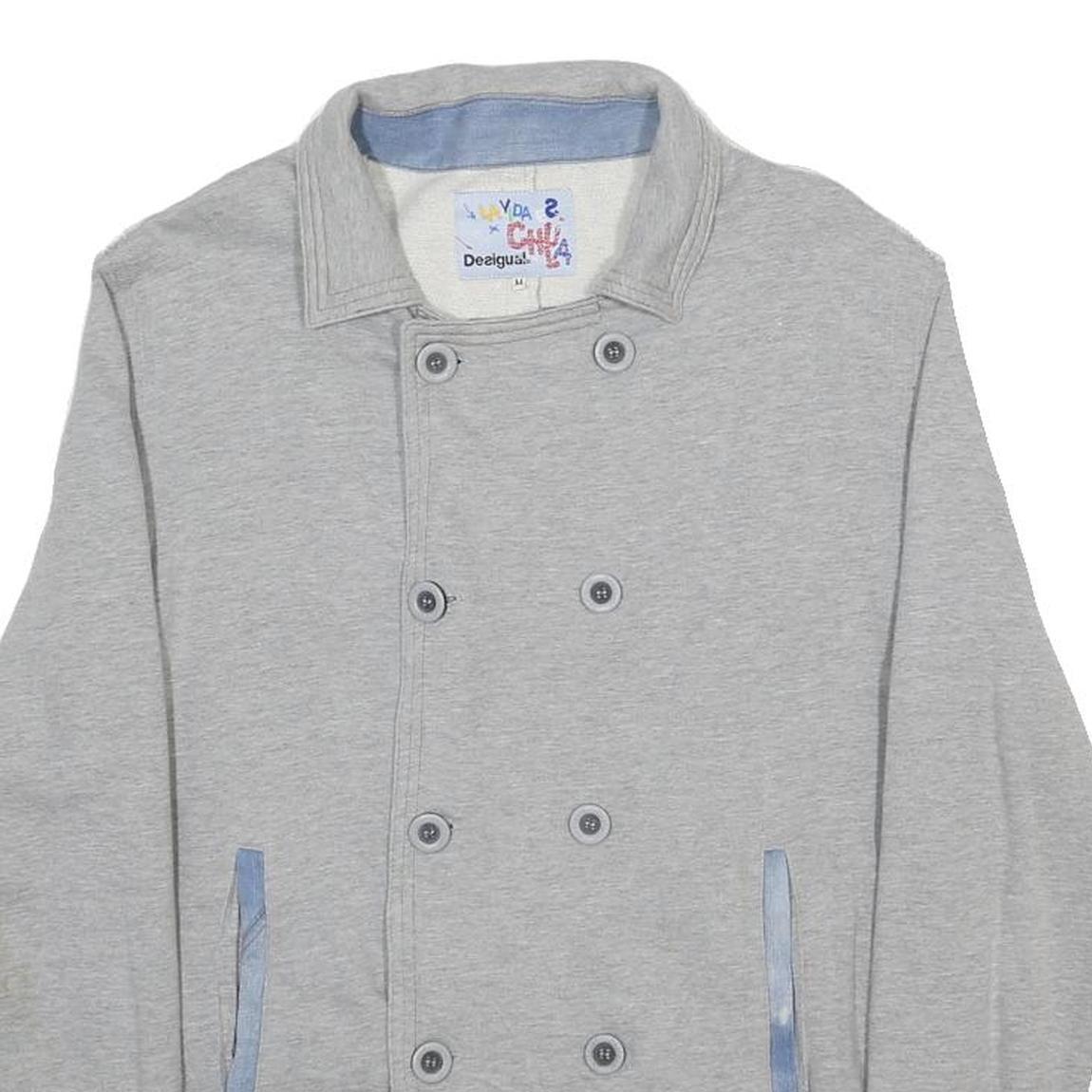 DESIGUAL Mens Grey & Blue Logo Button Jacket M Cotton Blend Casual Stylish