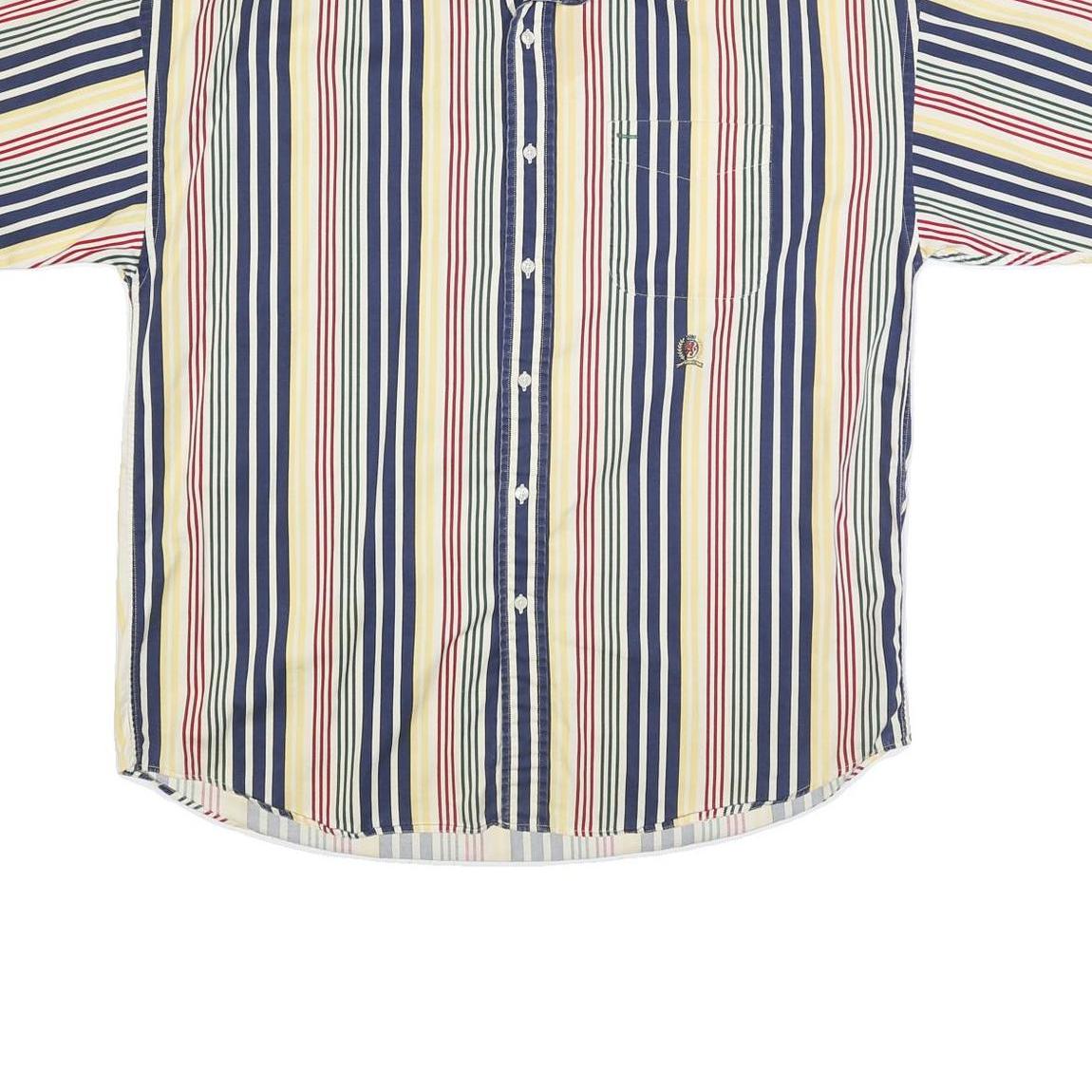 TOMMY HILFIGER Mens Blue & Yellow Striped Cotton Blend Shirt L Button Down