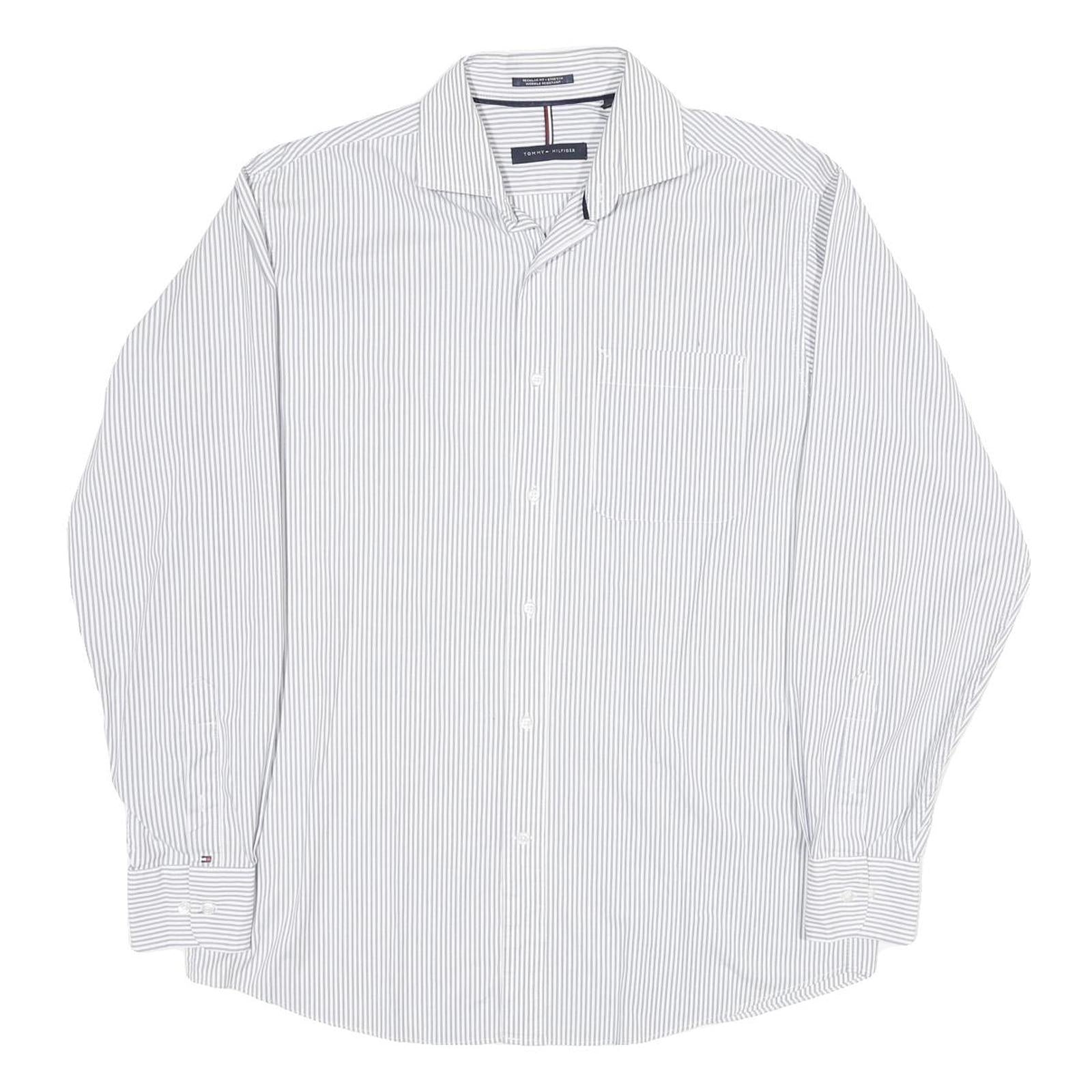 TOMMY HILFIGER Mens White & Grey Striped Shirt M Classic Fit Button Down Collar
