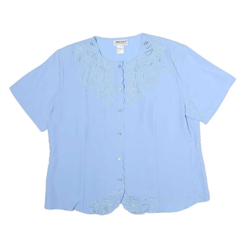 ANTHONY RICHARDS Womens Blue Embroidered Top Short Sleeve Crew Neck M
