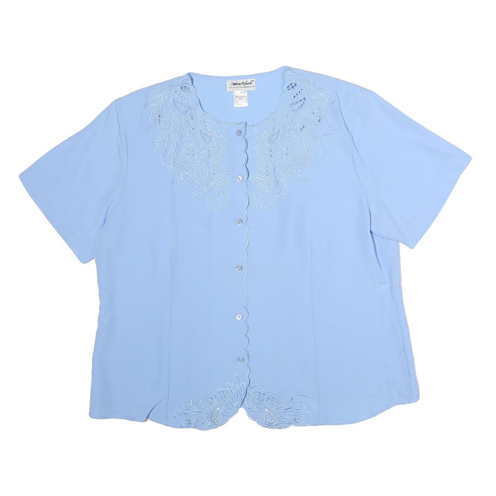 ANTHONY RICHARDS Womens Blue Embroidered Top Short Sleeve Crew Neck M