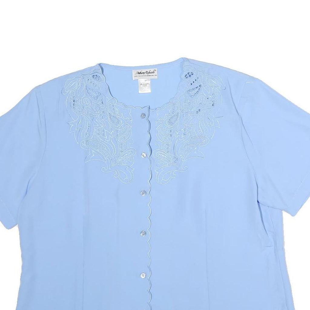 ANTHONY RICHARDS Womens Blue Embroidered Top Short Sleeve Crew Neck M