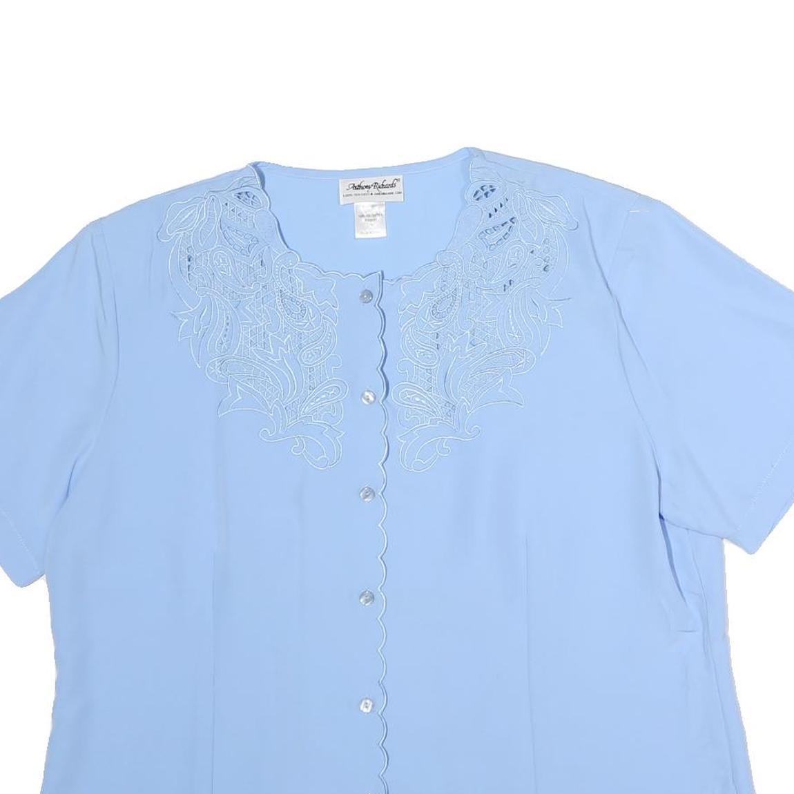 ANTHONY RICHARDS Womens Blue Embroidered Top Short Sleeve Crew Neck M