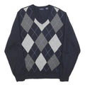 IZOD Mens Navy Blue Grey Argyle Cotton Jumper V-Neck Basic Knit M Classic