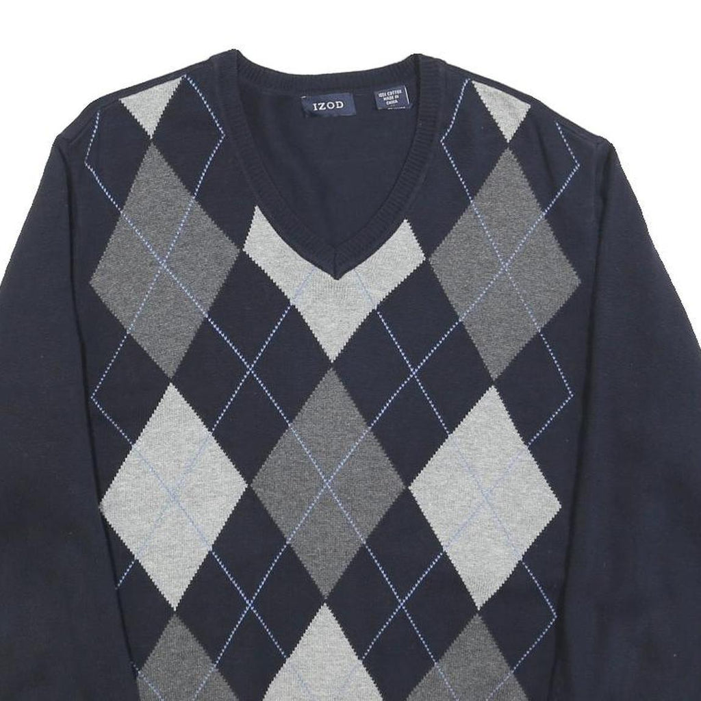 IZOD Mens Navy Blue Grey Argyle Cotton Jumper V-Neck Basic Knit M Classic