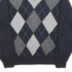 IZOD Mens Navy Blue Grey Argyle Cotton Jumper V-Neck Basic Knit M Classic