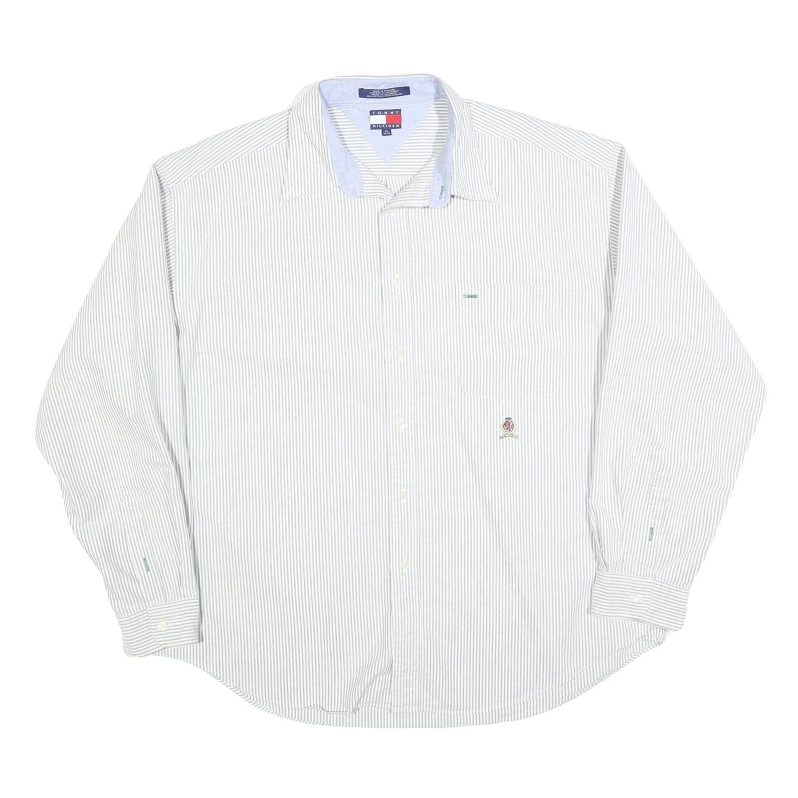 TOMMY HILFIGER Mens White & Grey Striped Shirt XL Cotton Blend Classic Fit Long