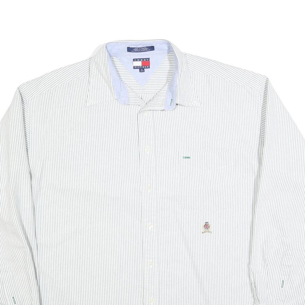TOMMY HILFIGER Mens White & Grey Striped Shirt XL Cotton Blend Classic Fit Long
