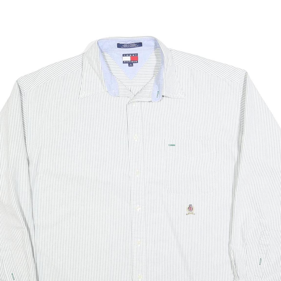 TOMMY HILFIGER Mens White & Grey Striped Shirt XL Cotton Blend Classic Fit Long