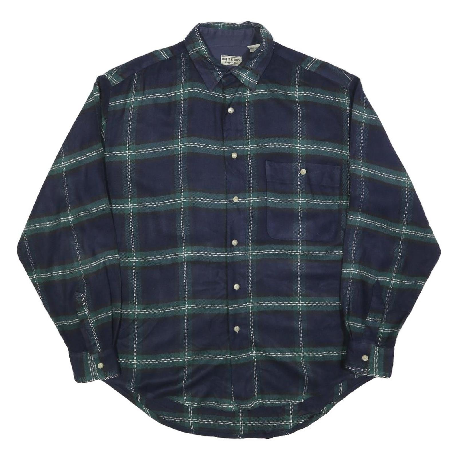 BUGLE BOY Mens Navy Blue Green Check Shirt M Acrylic Long Sleeve Casual