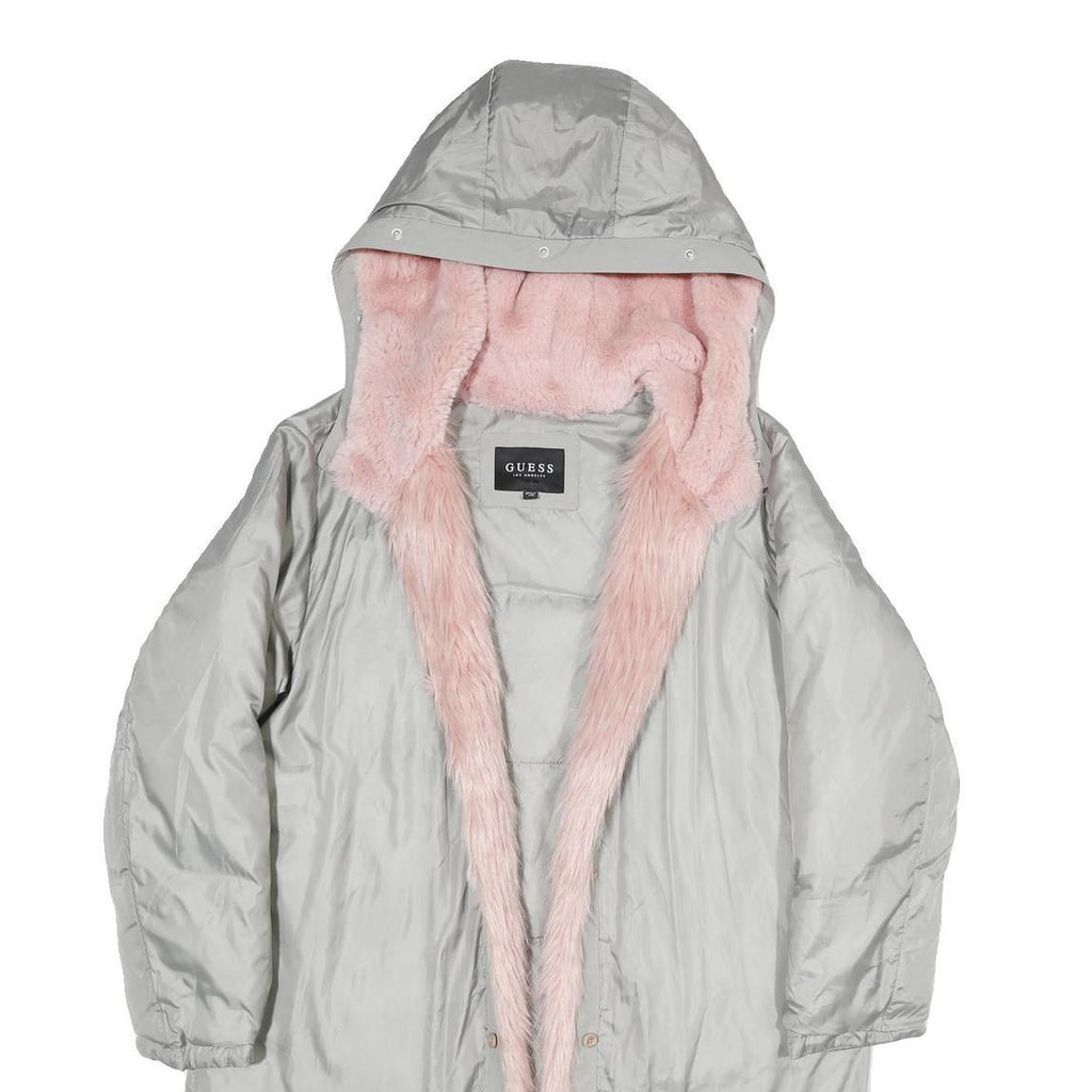 GUESS Womens Grey & Pink Faux Fur Hooded Polyester Blend Long Sleeve Jacket XS