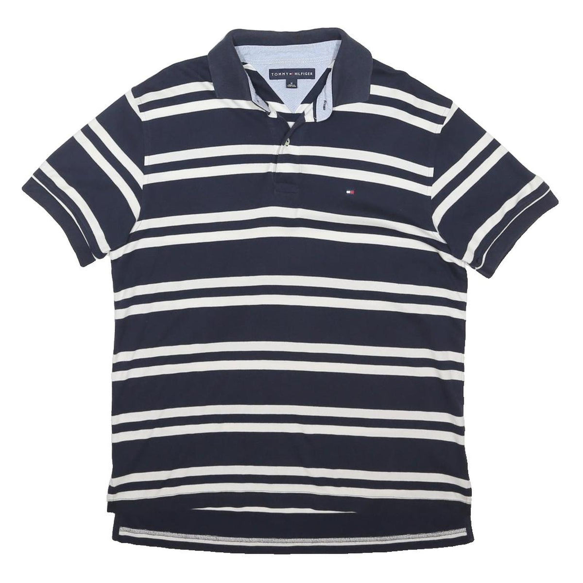 TOMMY HILFIGER Mens Navy & White Striped Short Sleeve Polo Shirt M Cotton Blend