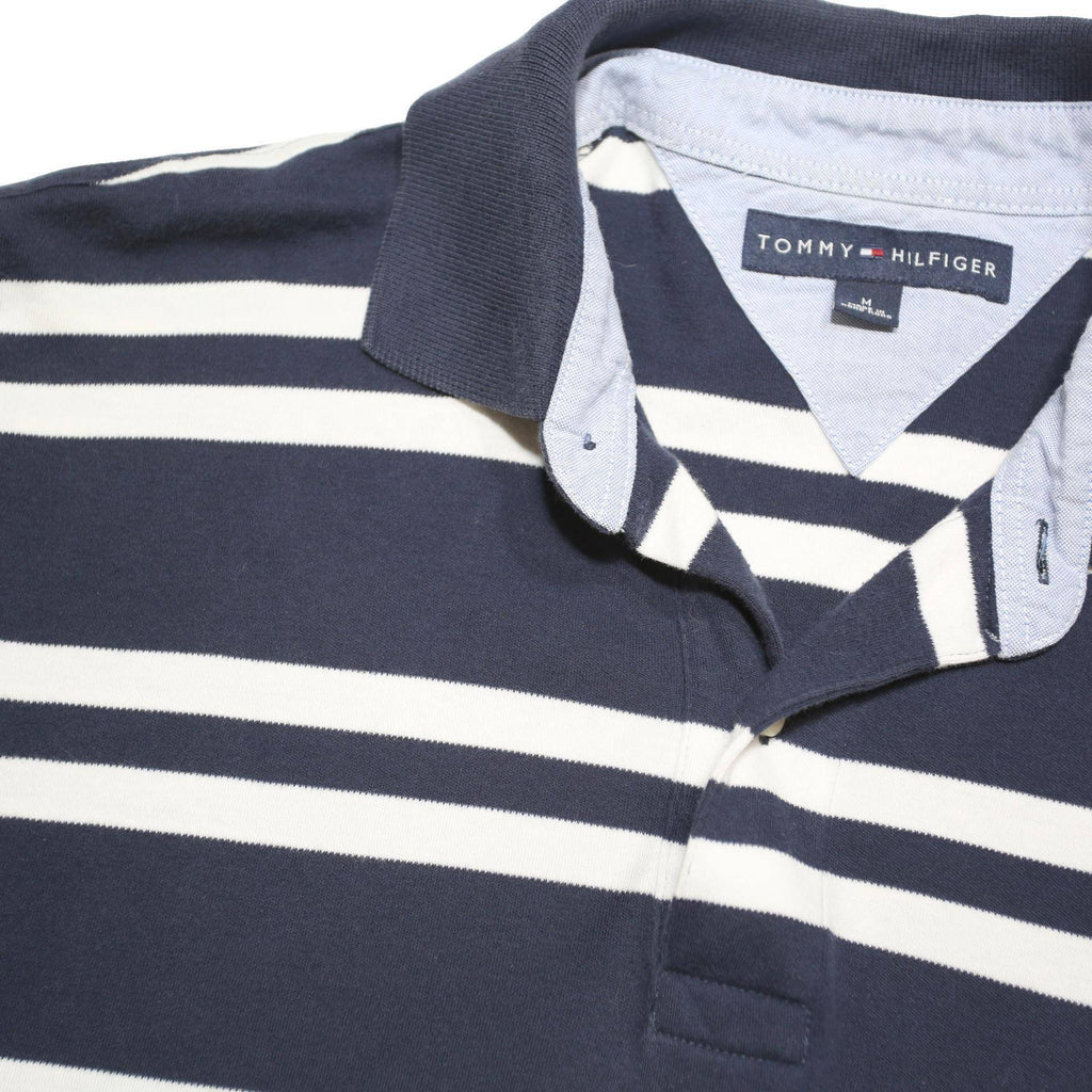 TOMMY HILFIGER Mens Navy & White Striped Short Sleeve Polo Shirt M Cotton Blend
