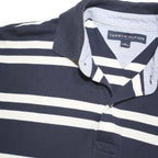 TOMMY HILFIGER Mens Navy & White Striped Short Sleeve Polo Shirt M Cotton Blend