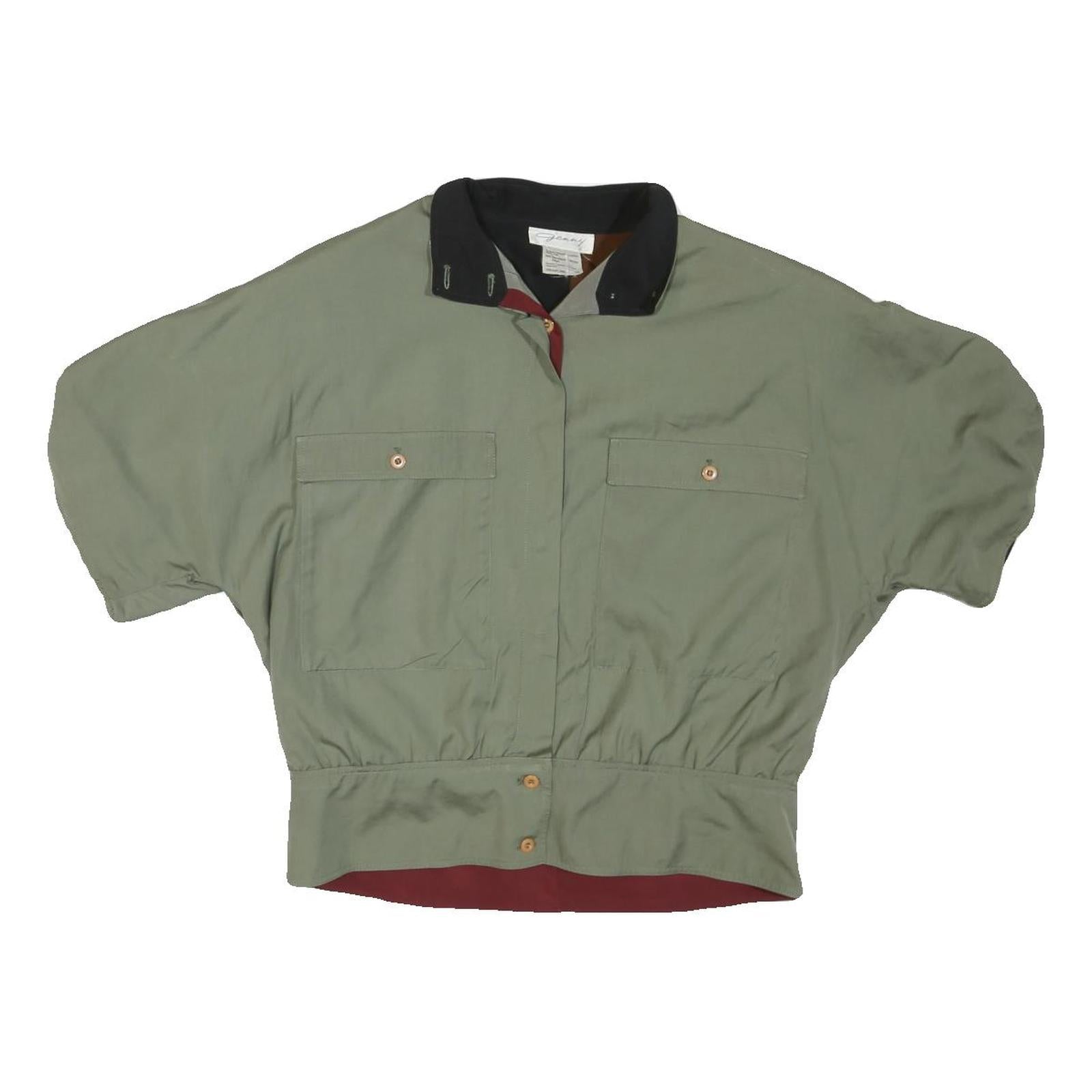 JENNY Womens Green & Black Casual Button Jacket M Nylon Plain Short Sleeve