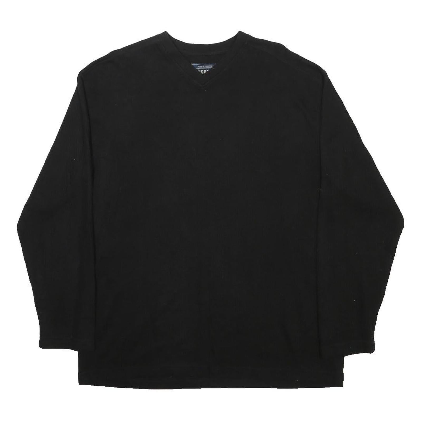 JOHN ASHFORD Mens Black Plain Cotton Blend Jumper V-Neck Basic Knit L