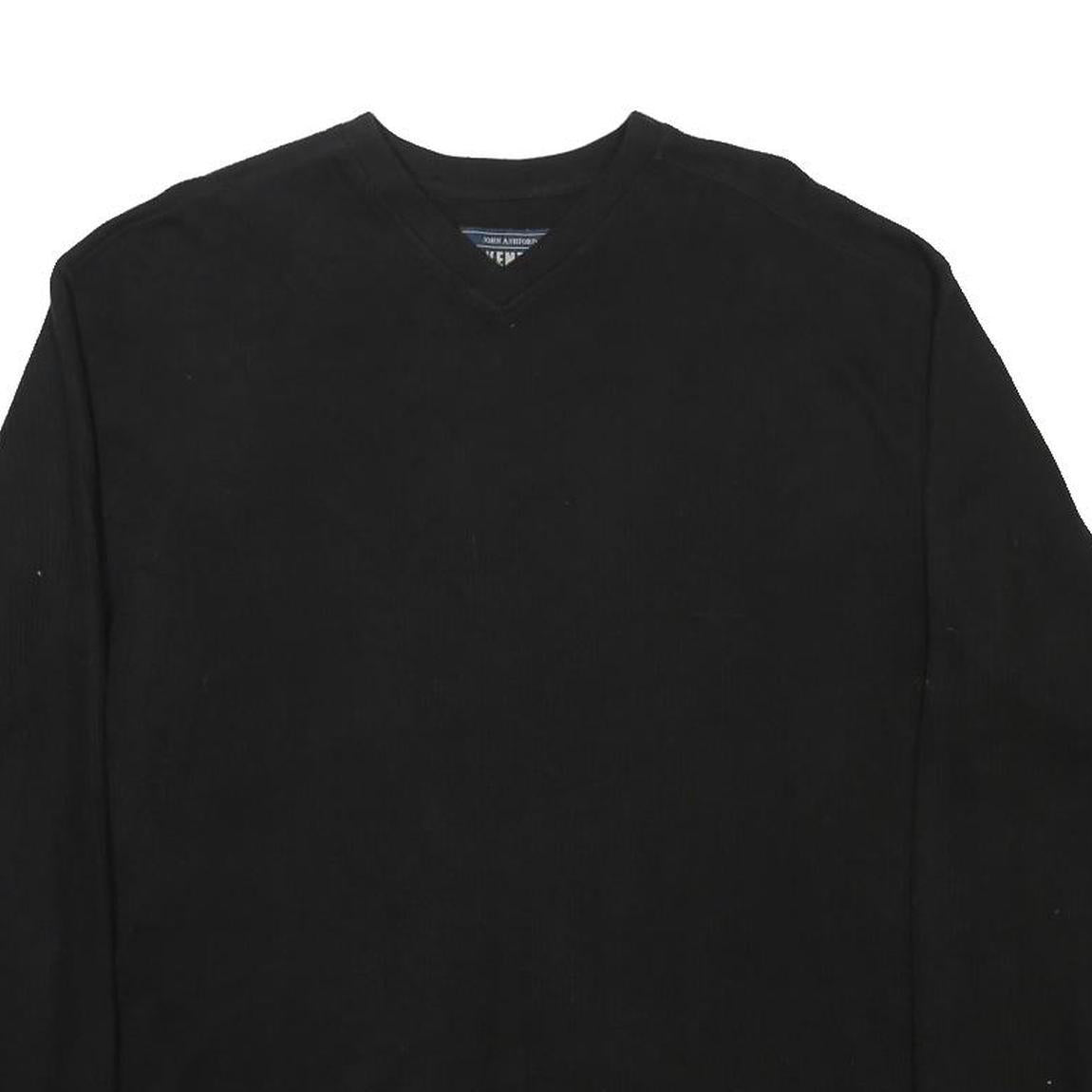 JOHN ASHFORD Mens Black Plain Cotton Blend Jumper V-Neck Basic Knit L