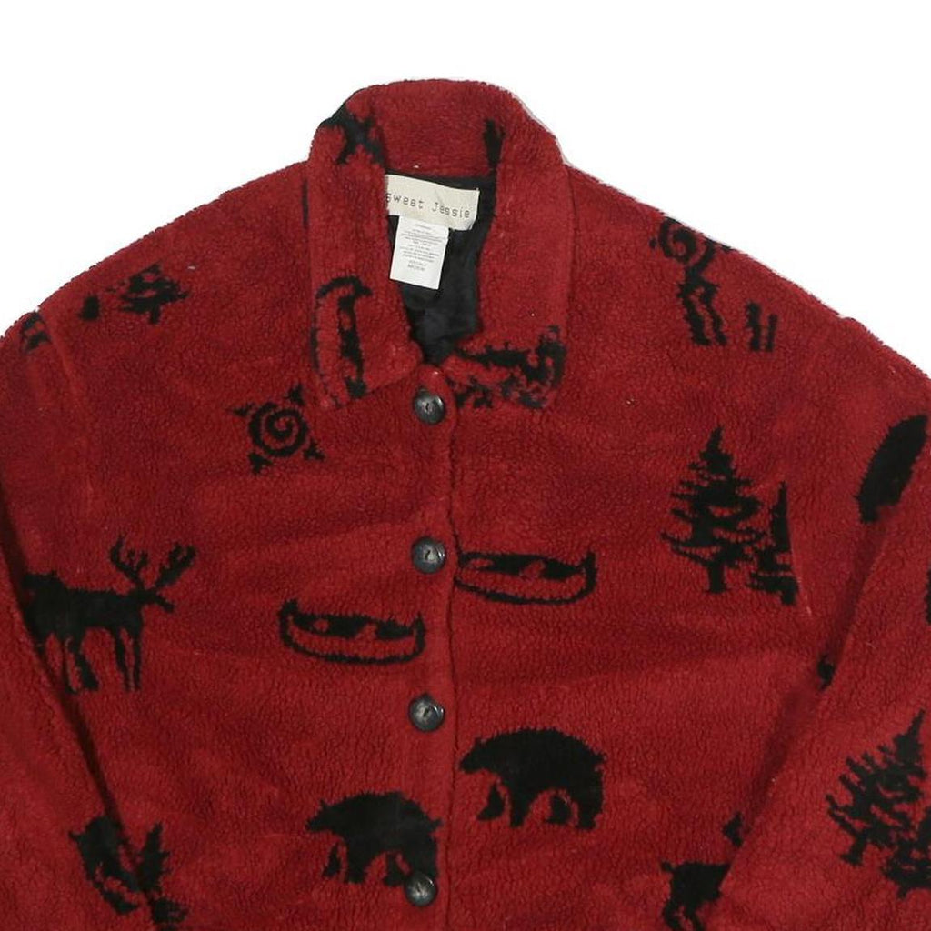 SWEET JESSIE Womens Red & Black Fleece Button Jacket M Polyester Blend Bear
