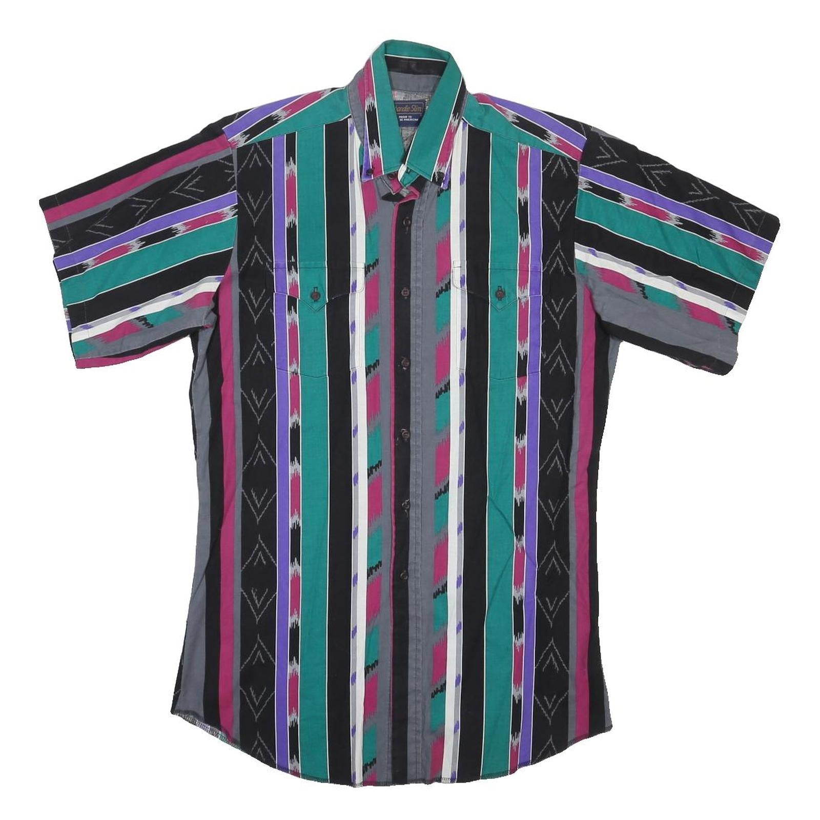 PANHANDLE Mens Black & Green & Pink Striped Cotton Blend Shirt M Casual Button