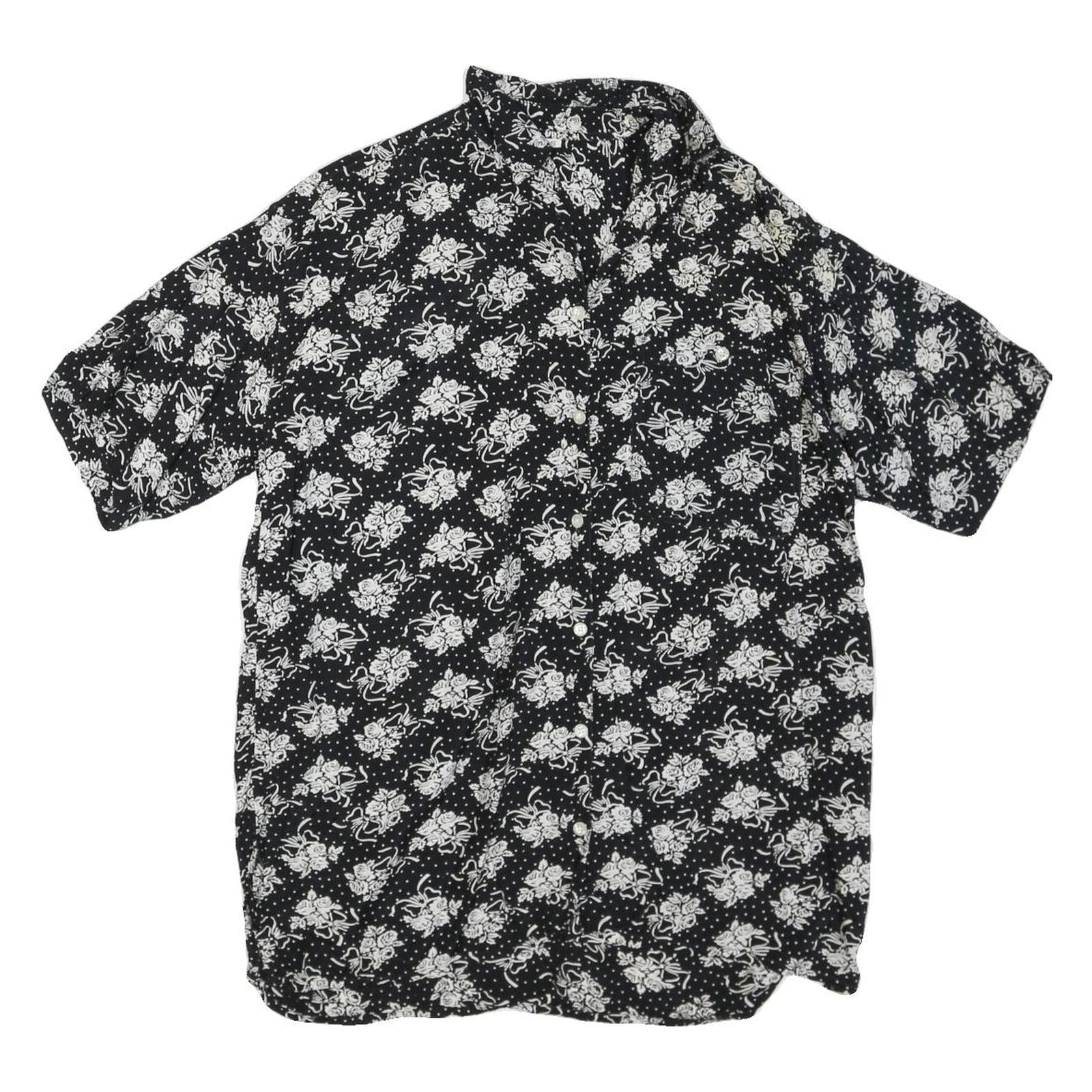 Womens Black & White Floral Printed Blouse Short Sleeve Collared S Polyester